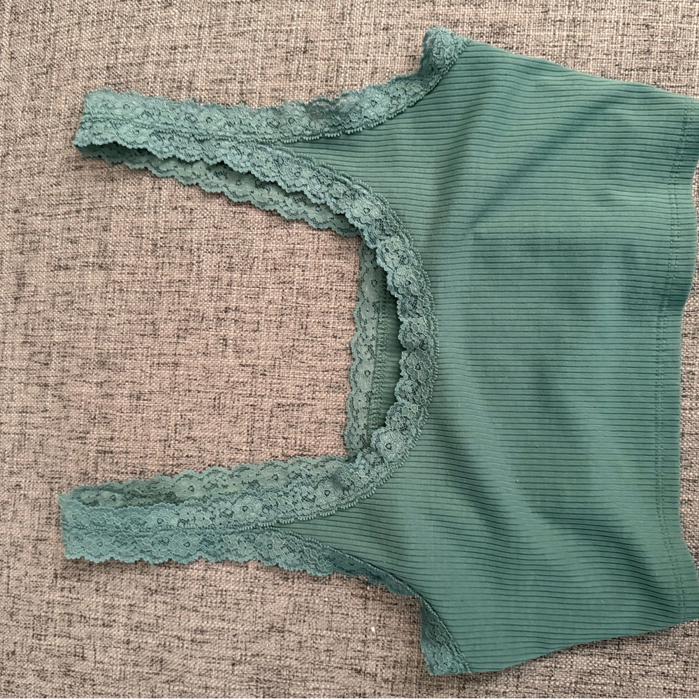 Green Lace Trim Ribbed Tank Top